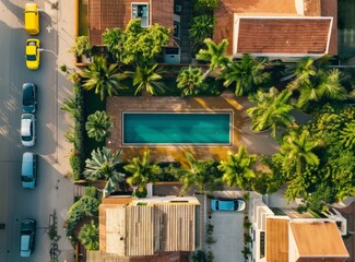 An aerial shot of a home with a pool, cars parked in front