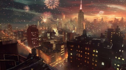A rooftop view of a cityscape aglow with fireworks during a special event