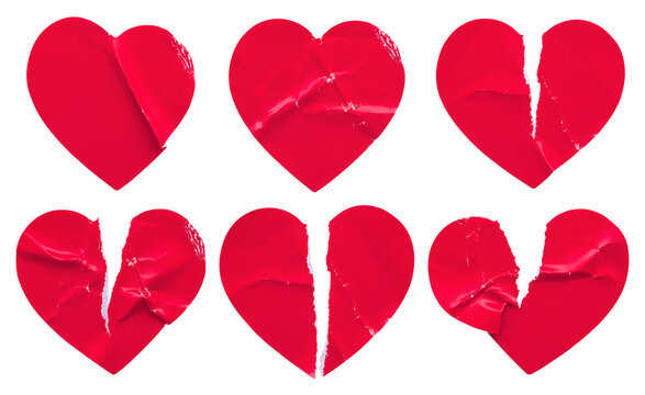 Red color broken heart shape sticker set isolated on white background