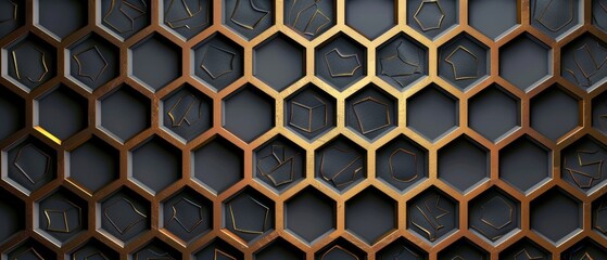 Template modern with gold geometric pattern. Hexagonal elements background. Curve decoration.
