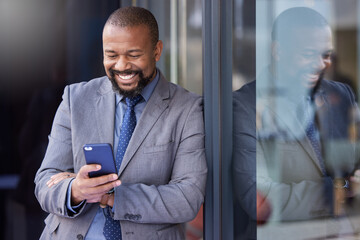 Smile, business and black man with phone in city for social media, networking and salesman outdoor...