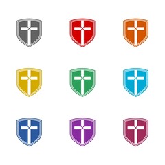 Shield with christian cross icon isolated on white background. Set icons colorful