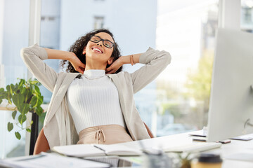 Office, stretching and woman at desk with smile, computer and financial planning with time...