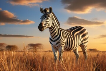 A zebra standing in a big grassy field. A zebra in a dry field of grass. Zebra at sunset background