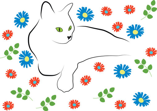 A simple line drawing. The cat lies among the flowers. The nose is like a heart.  vector design eps 10