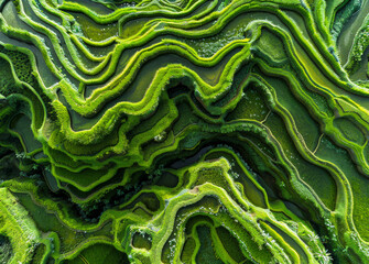 Abstract Green Lines Enhancing Aerial View of Asian Rice Terraces
