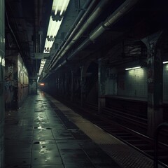 Moody and atmospheric abandoned subway station with vibrant graffiti and dim lights