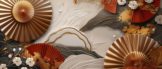 Modern Japanese template. Geometric background with umbrella and abstract elements. Chinese paper wallpaper. Natural luxury finish.