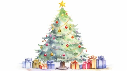 A huge Christmas tree with bright lights and presents, water color, drawing style, isolated clear background