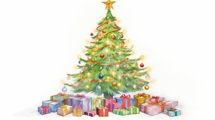 A huge Christmas tree with bright lights and presents, water color, drawing style, isolated clear background