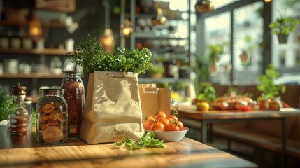 A bag of greens sits on a table next to a bowl of tomatoes