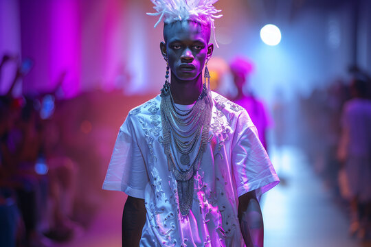 The picture shows an African male model with white hair. Wearing a baggy T-shirt and layered necklaces and earrings, she walks the runway at fashion week. The lighting is purple, pink and blue.