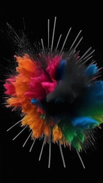 Abstract musical background concept,. Colored liquid paint splashes on a black background, vertical motion animation