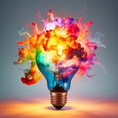 Colorful explosion from a light bulb filled with vivid paints, symbolizing a burst of creativity and brainstorming, 16:9 ratio. - obrazy, fototapety, plakaty