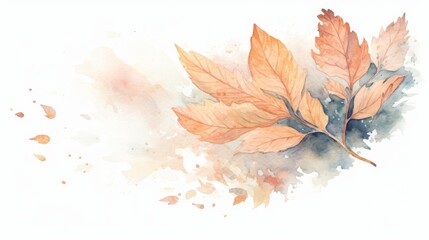Detailed watercolor depiction of fallen autumn leaves, minimal design, focusing closely on textures against a white background