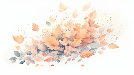 Detailed watercolor depiction of fallen autumn leaves, minimal design, focusing closely on textures against a white background