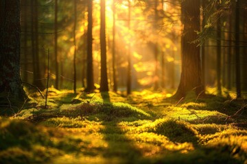 Sun-dappled forest glade with golden light illuminating mossy ground. - obrazy, fototapety, plakaty