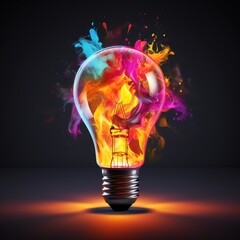 Dynamic image of a light bulb bursting with vibrant paint splashes, symbolizing creativity and new ideas, in a 16:9 widescreen format. - obrazy, fototapety, plakaty