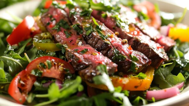 A steak salad bursting with color and flavor, topped with tangy vinaigrette dressing