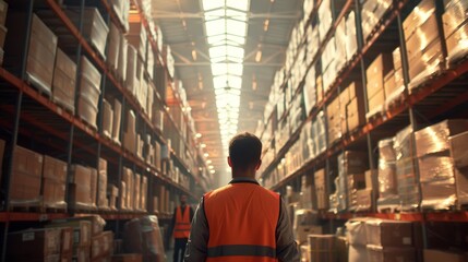 In the heart of a warehouse bathed in earth tones, workers wearing reflective vests methodically scan merchandise, capturing the essence of modern logistics operations, close-up - obrazy, fototapety, plakaty
