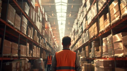 Foto op Canvas In the heart of a warehouse bathed in earth tones, workers wearing reflective vests methodically scan merchandise, capturing the essence of modern logistics operations, close-up © JP STUDIO LAB