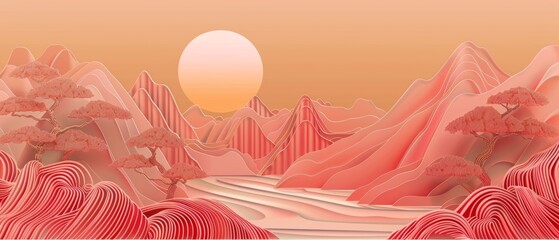 An abstract Japanese pattern with an Asian landscape background modern. Geometric lines and abstract shapes. A sea in a sunset backdrop.