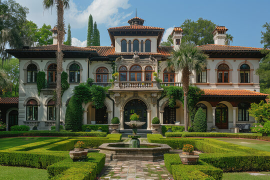 Photograph of an opulent mansion in Houston, Texas with Spanish colonial style architecture and large stone walkways leading to the entrance. Created with Ai