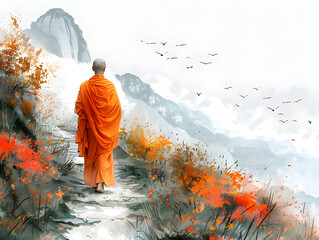 a man in an orange robe standing on a path in a mountain landscape. 