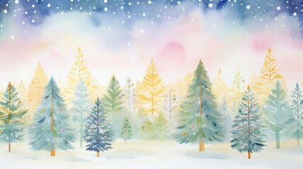 Fototapeta premium Watercolor painting of a magical forest with Christmas trees, adorned with glowing lights, capturing a dreamlike essence