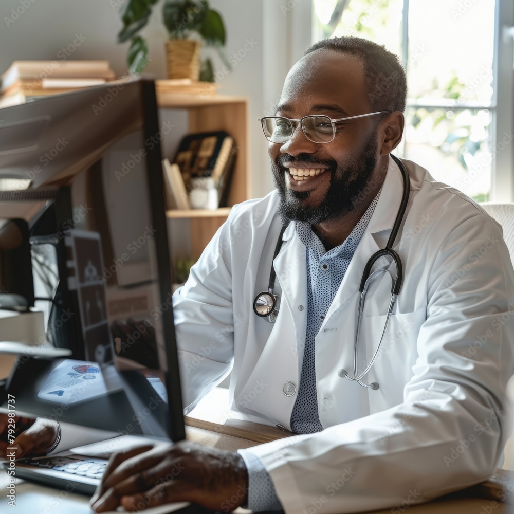 Aufkleber Man in White Lab Coat Working at Desk With Computer