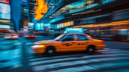 A taxi cab speeding through the streets of the city at twilight, streaking lights behind - obrazy, fototapety, plakaty