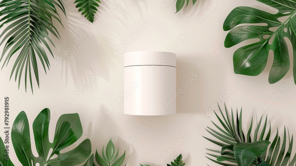 Aufkleber decorative white cylinder on a tropical palm leaf background for cosmetic display. also known as a f