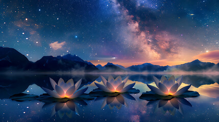 Lunar Blossoms at Midnight
Vivid purple lotuses bloom under the radiant glow of a full moon amidst a starry sky, creating a surreal and tranquil nightscape. - obrazy, fototapety, plakaty