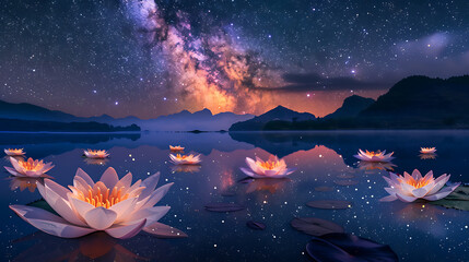 Lunar Blossoms at Midnight
Vivid purple lotuses bloom under the radiant glow of a full moon amidst a starry sky, creating a surreal and tranquil nightscape.