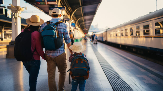 A family on vacation at a train station 