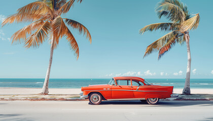 Classic red car parked by the shore, evoking nostalgia and summer vibes with its vintage charm against a backdrop of palm trees and ocean waves. Gataway and retro traveling in exotic Caribean concept - obrazy, fototapety, plakaty