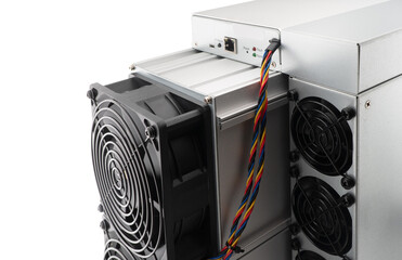 Cryptocurrency mining farm for bitcoin and altcoins isolated on white background. Cryptocurrency miner isolated