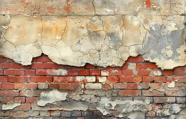 A detailed texture of an old, cracked brick wall with red and yellow painted accents. Created with Ai