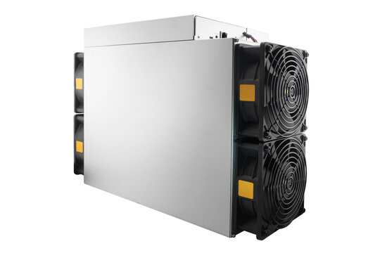 Cryptocurrency mining farm for bitcoin and altcoins isolated on white background. Cryptocurrency miner isolated