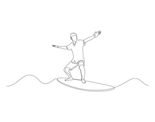 Continuous line drawing of surfer surfing on wave. One line of surfer surfing. Extreme watersport concept continuous line art. Editable outline.

  