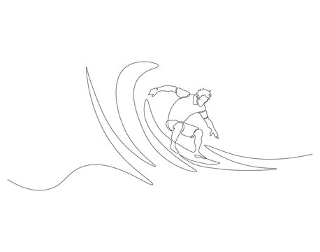 recommend clip art: Continuous line drawing of surfer surfing on wave. One line of surfer surfing. Extreme watersport concept continuous line art. Editable outline.
                    
                      