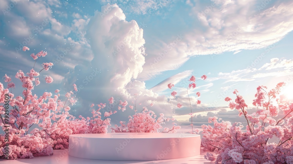 Poster the backdrop for a product display is a natural beauty podium backdrop with a dreamy sky background.