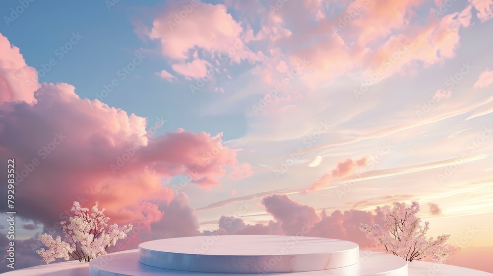 Poster Beautiful backdrop for product display with dreamy sky background. Romantic 3D scene.