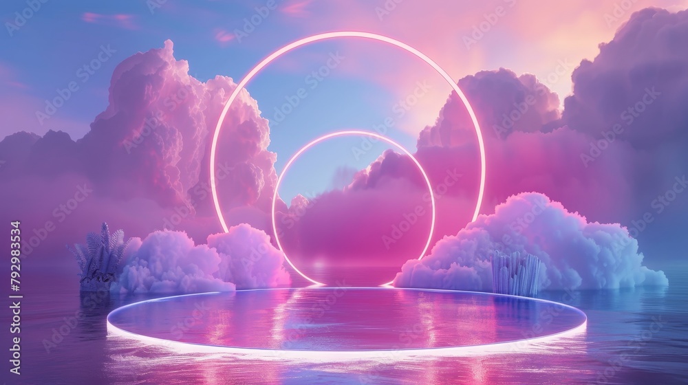 Poster an elegant 3d seascape scene with a cloud backdrop and neon lights.