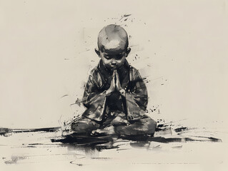 little monk in a robe, in a seated meditative position with hands placed together. 