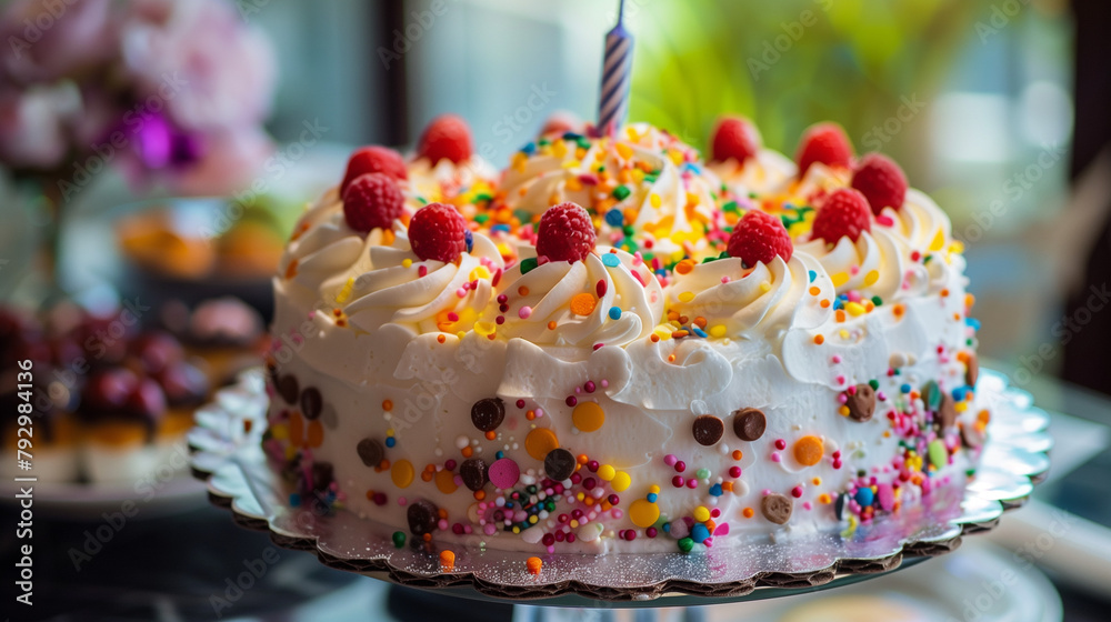 Sticker birthday cake with one candle