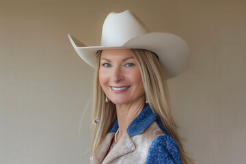 Blonde american cowgirl, knight horse rider posing and, wearing blue and beige attire with a white cowboy hat on her head, smiling at the camera against a plain background.