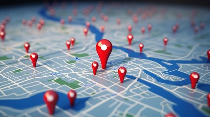 .3D Map travel location. Locator mark of map and location pin or navigation icon sign on background with search. 3D rendering.