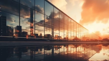 Foto op Aluminium Modern office building or business center. High-rise window buildings made of glass reflect the clouds and the sunlight. empty street outside  wall modernity civilization. growing up business © pinkrabbit