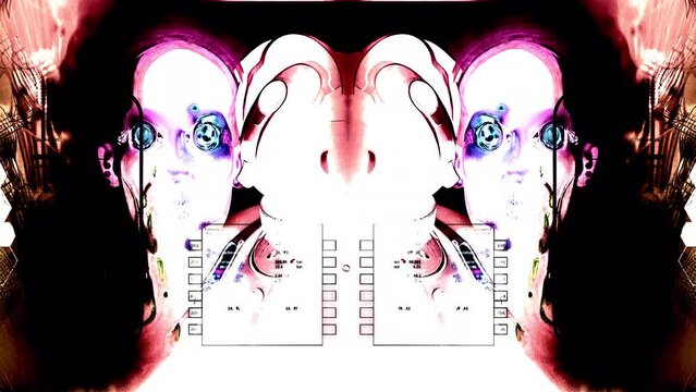 animation  -  futuristic  humanoid cyborg with new quality digital twitch technology